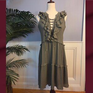 Cupio Midi Dress With Lace Up Neckline & Ruffles